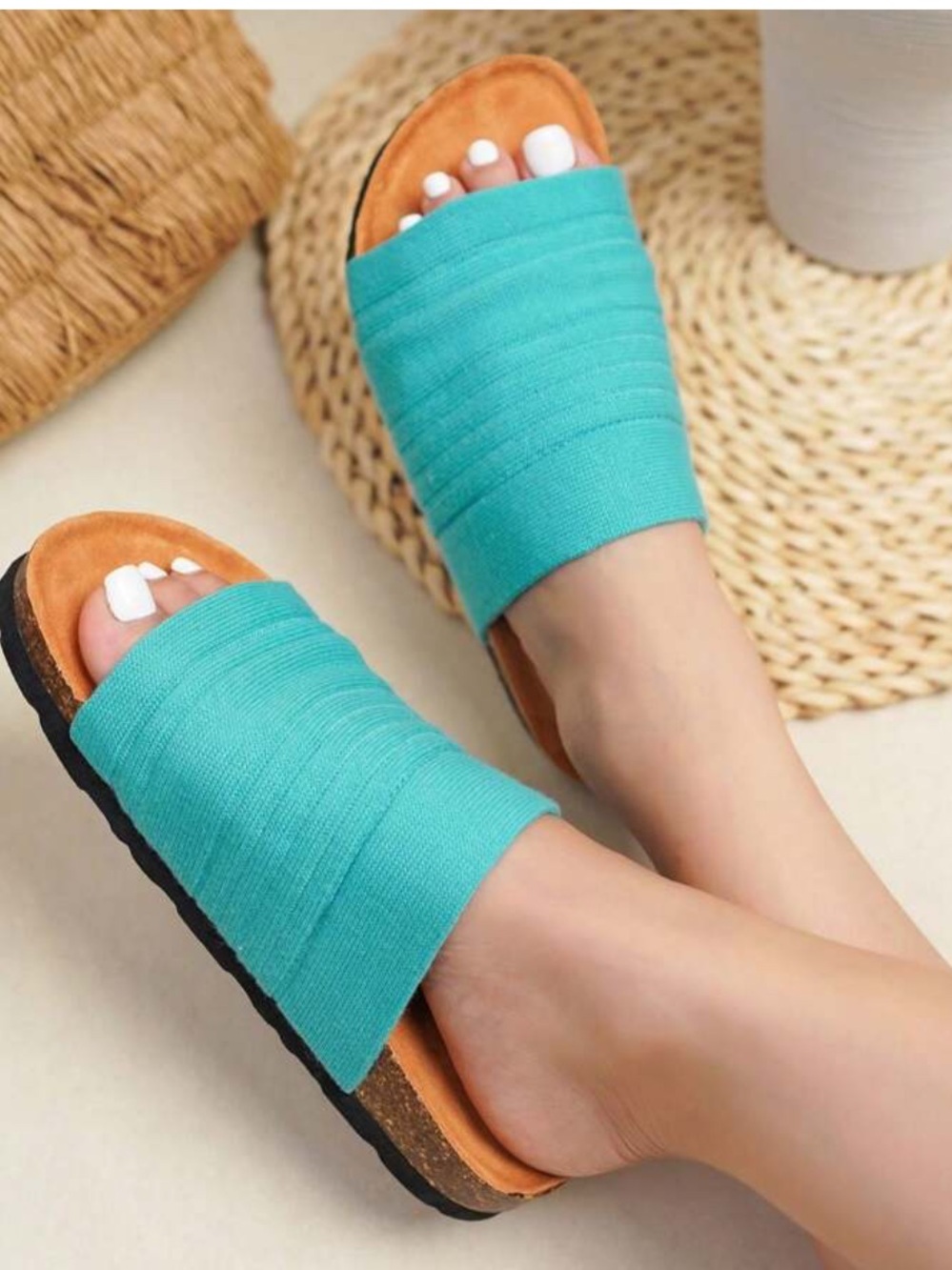 Cape Robbin Teal Knit Slide Sandals